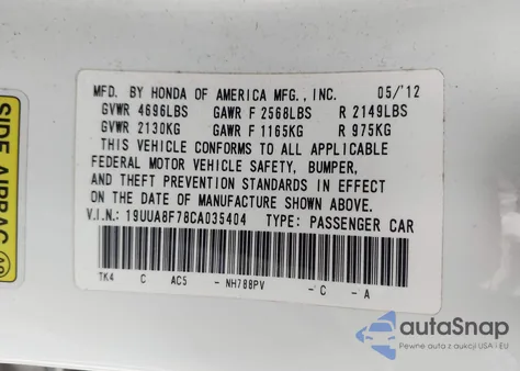 2012 Acura Tl 3.5 из США, поврежденный, VIN 19UUA8F78CA035404